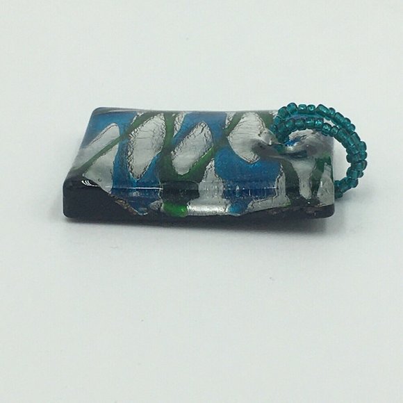 ART GLASS PENDANT, Blue Green Silver, Seed Bead Bale - Picture 2 of 3